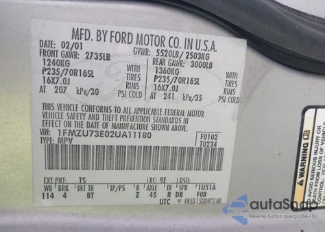 2002 Ford Explorer Xlt z USA, uszkodzony, nr VIN 1FMZU73E02UA11180